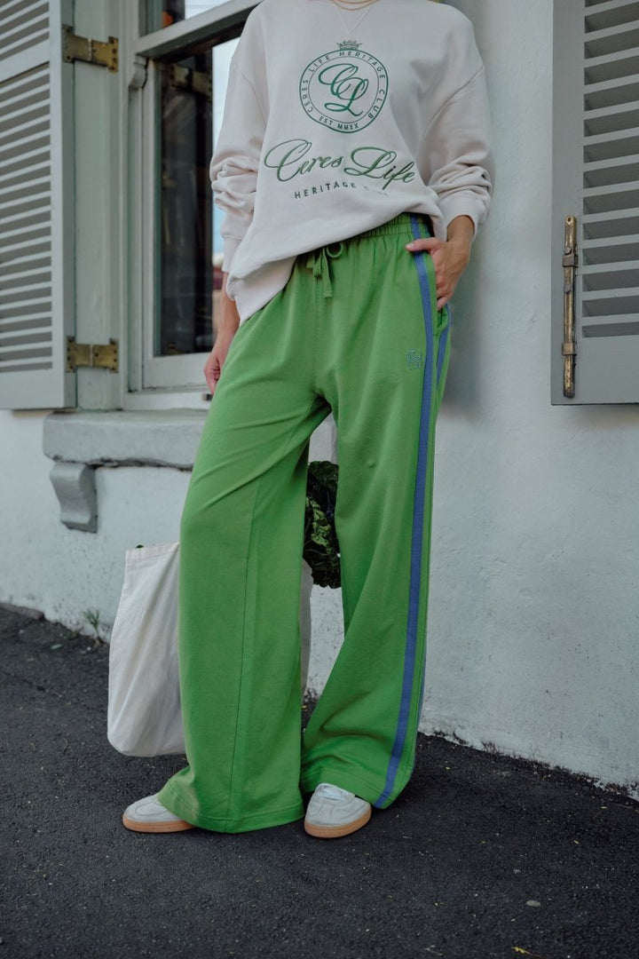 Gigi Wide Leg Terry Trackpant - Pistachio / washed navy side stripe track pants Ceres Life
