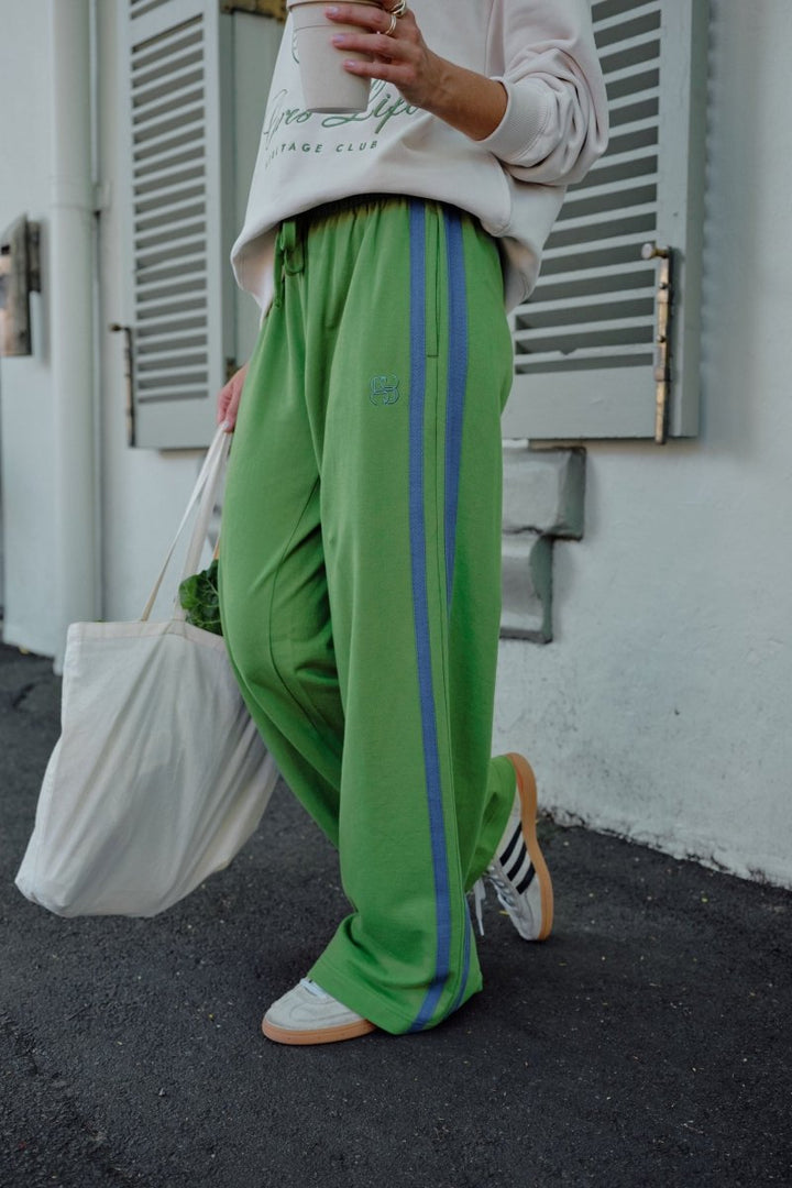 Gigi Wide Leg Terry Trackpant - Pistachio / washed navy side stripe track pants Ceres Life