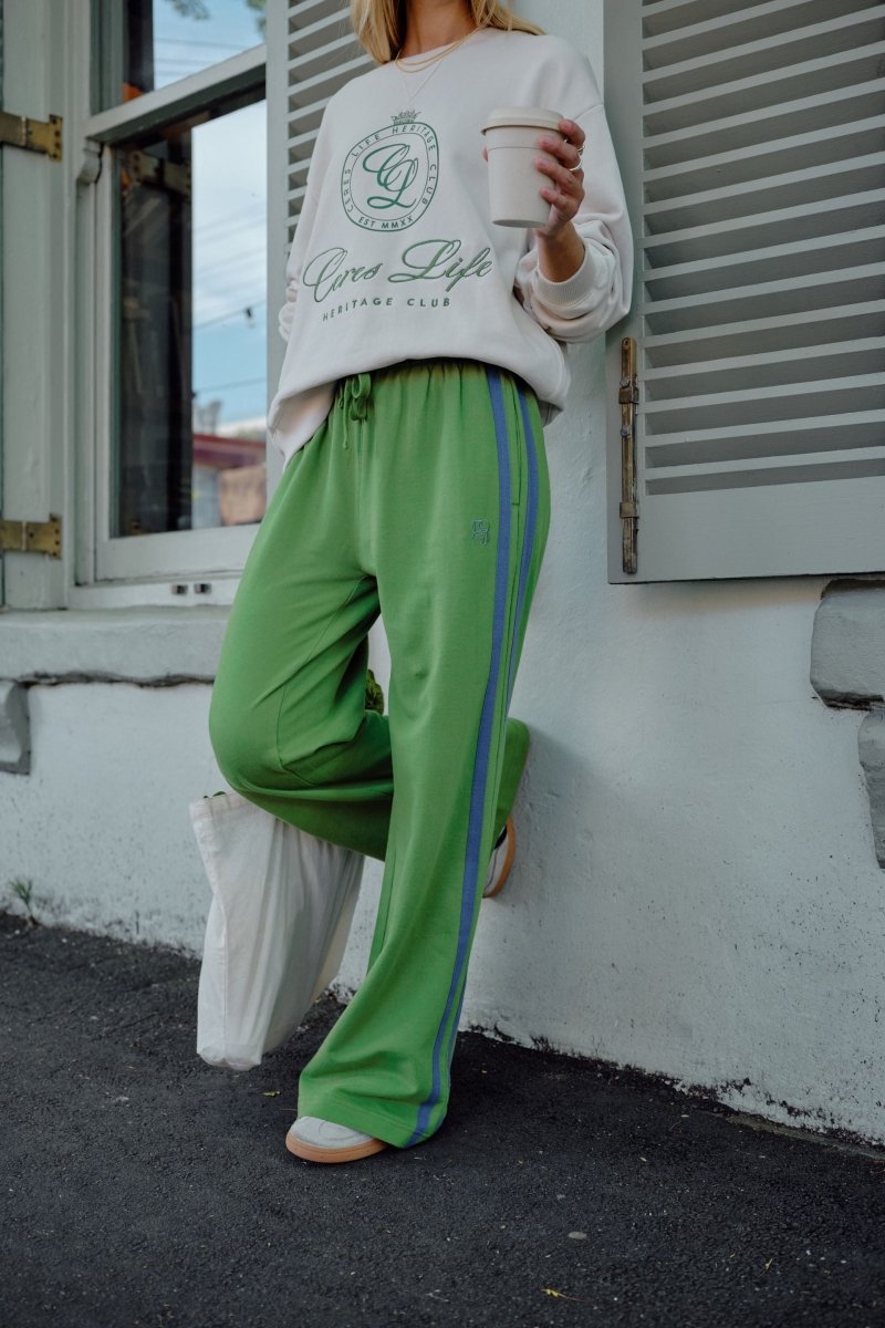 Gigi Wide Leg Terry Trackpant - Pistachio / washed navy side stripe track pants Ceres Life