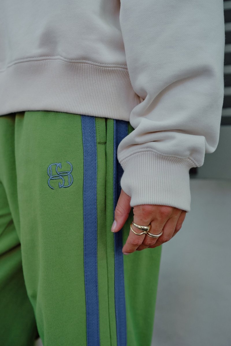 Gigi Wide Leg Terry Trackpant - Pistachio / washed navy side stripe track pants Ceres Life