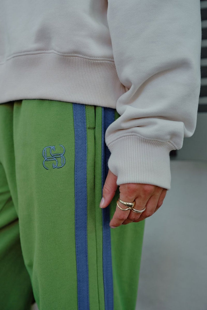 Gigi Wide Leg Terry Trackpant - Pistachio / washed navy side stripe track pants Ceres Life