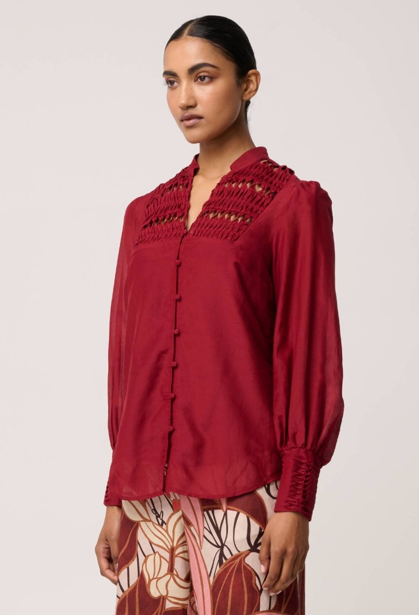 Gillian Cotton Silk Smocked Shirt in Ruby Shirt Once Was