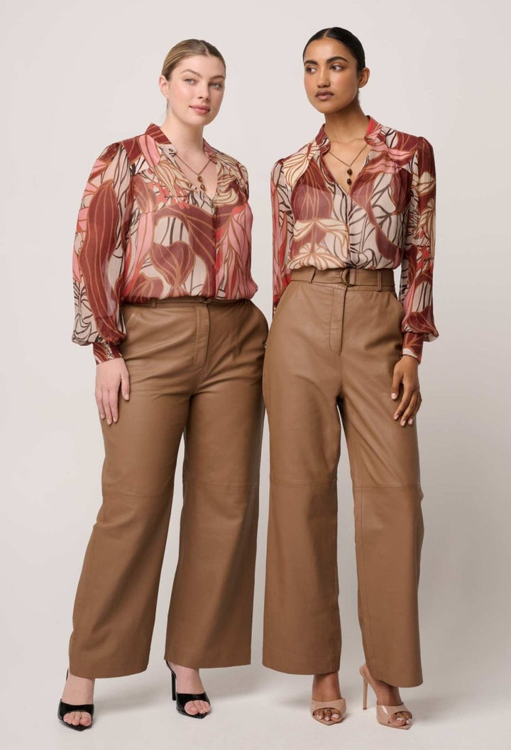 Halston Genuine Leather Belted Straight Leg Pant in Husk Pant Once Was