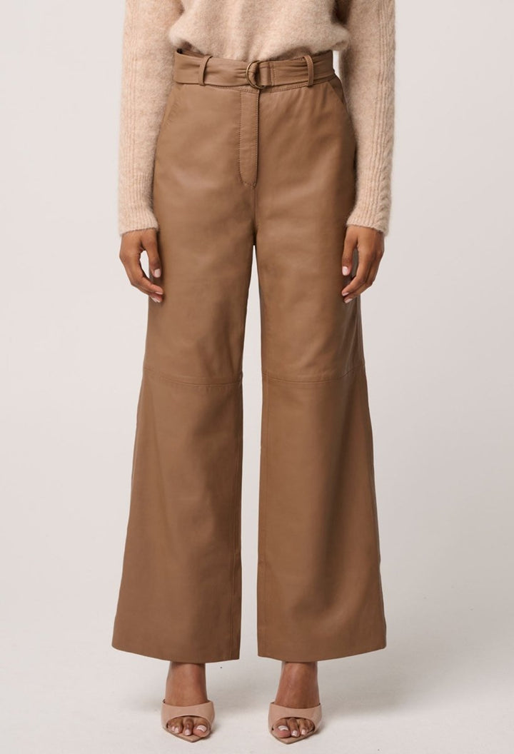 Halston Genuine Leather Belted Straight Leg Pant in Husk Pant Once Was