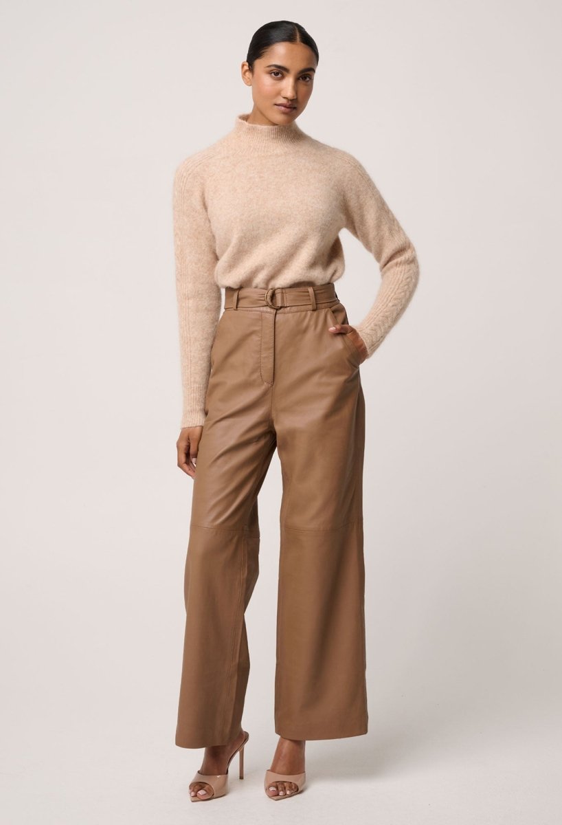 Halston Genuine Leather Belted Straight Leg Pant in Husk Pant Once Was