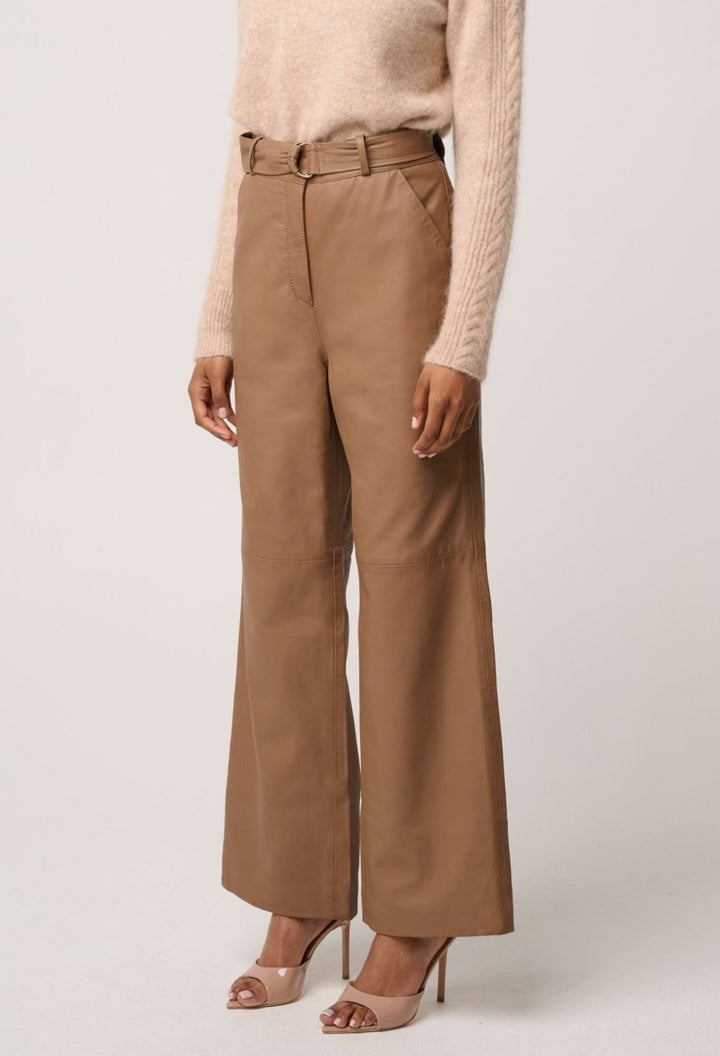 Halston Genuine Leather Belted Straight Leg Pant in Husk Pant Once Was