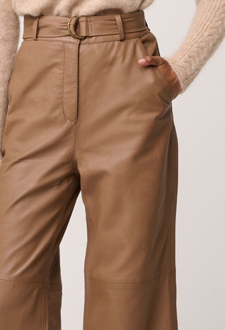 Halston Genuine Leather Belted Straight Leg Pant in Husk Pant Once Was