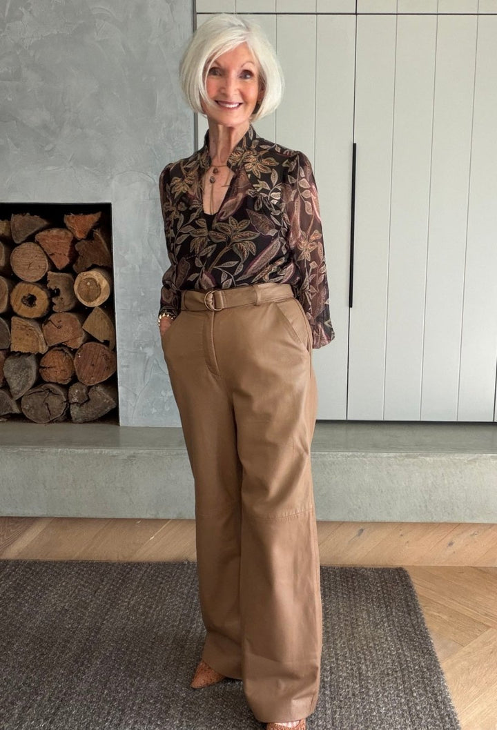 Halston Genuine Leather Belted Straight Leg Pant in Husk Pant Once Was
