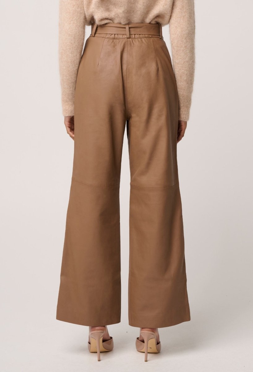 Halston Genuine Leather Belted Straight Leg Pant in Husk Pant Once Was