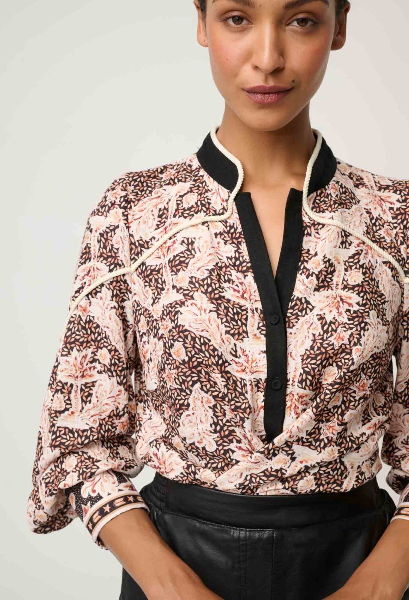 Harley Linen Viscose Rope Trim Shirt in Russet Palm Blouse Once Was