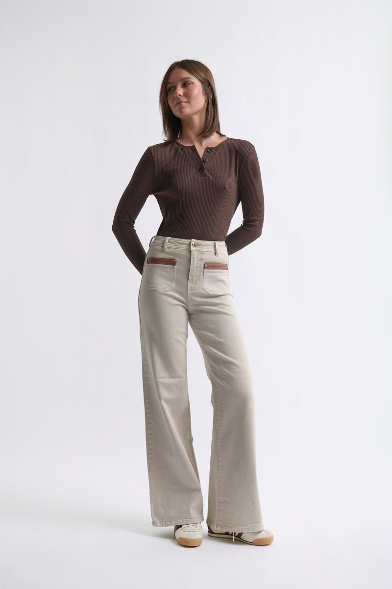 Harper Jean - Sand Leather pocket Denim Kireina