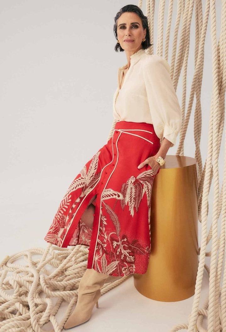 Harper Viscose Faille Print Criss Cross Waist Panel Skirt in Crimson Palms Once Was