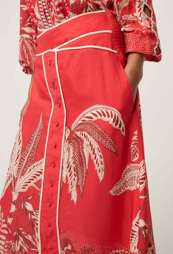 Harper Viscose Faille Print Criss Cross Waist Panel Skirt in Crimson Palms Once Was