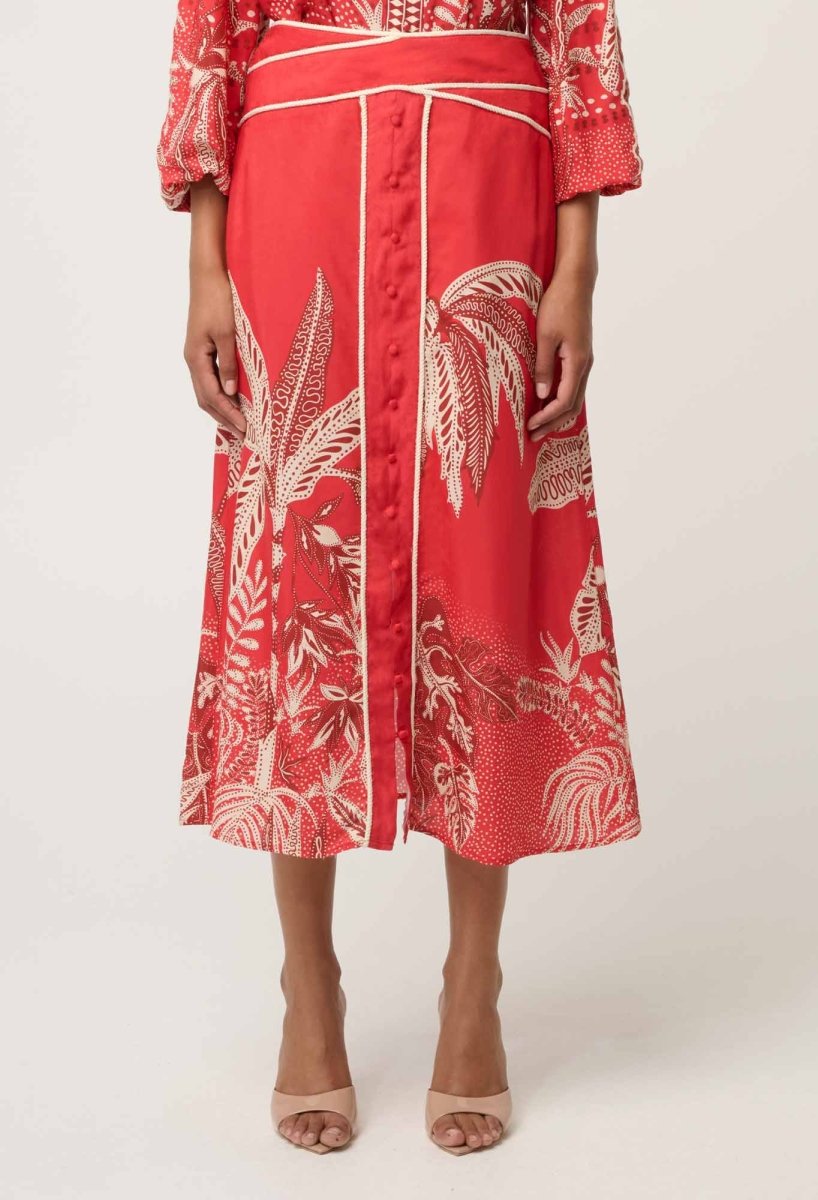 Harper Viscose Faille Print Criss Cross Waist Panel Skirt in Crimson Palms Once Was