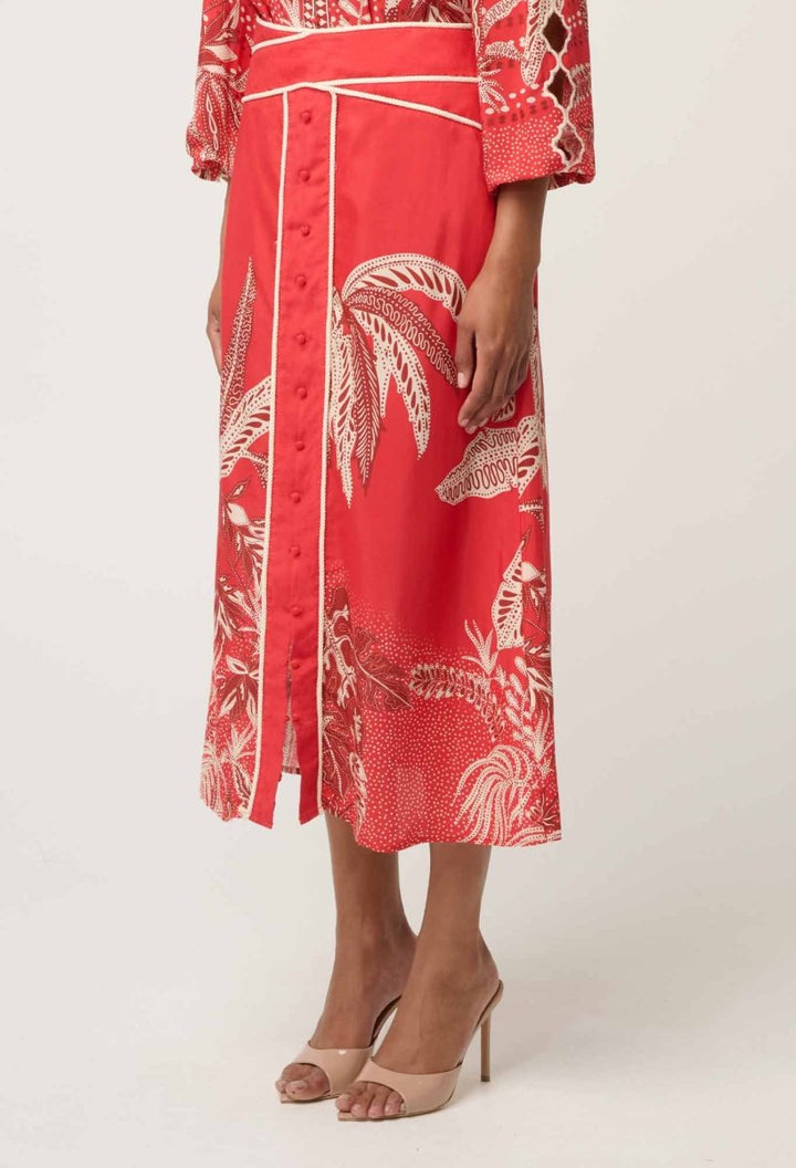 Harper Viscose Faille Print Criss Cross Waist Panel Skirt in Crimson Palms Once Was