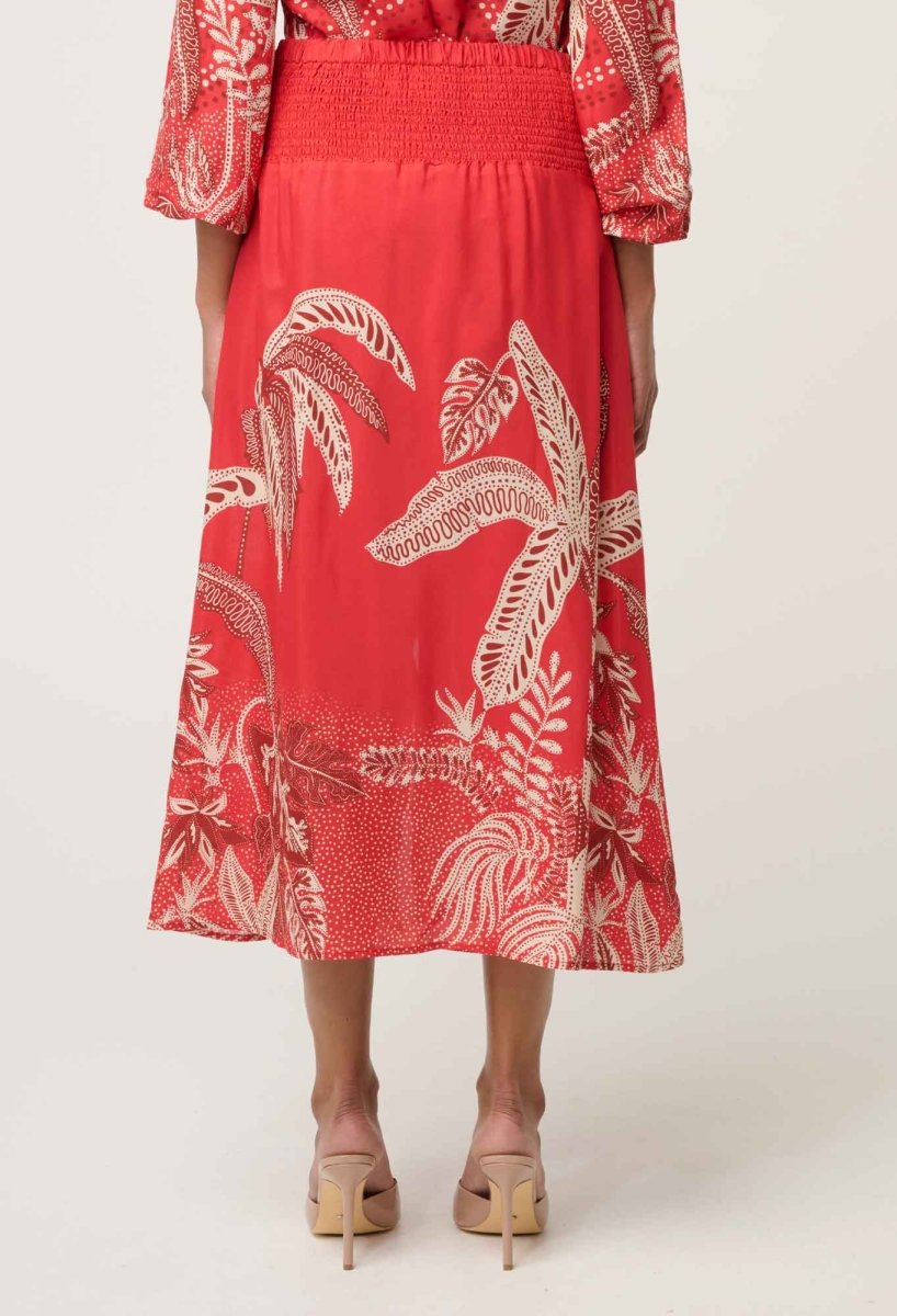 Harper Viscose Faille Print Criss Cross Waist Panel Skirt in Crimson Palms Once Was