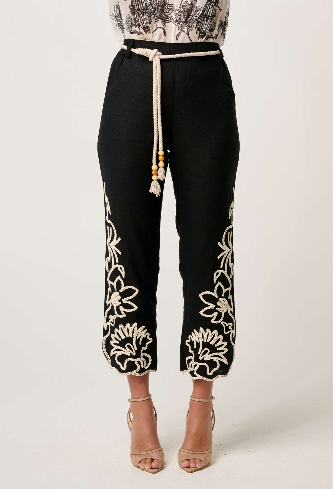 Helm Embroidered Linen Viscose Pant in Black pant Once Was