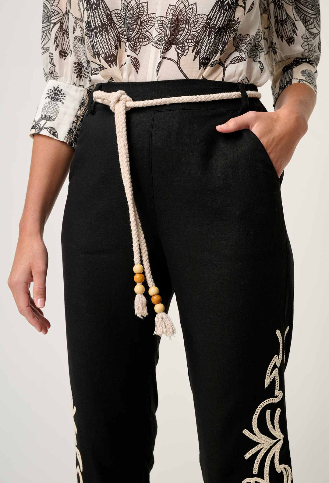 Helm Embroidered Linen Viscose Pant in Black pant Once Was