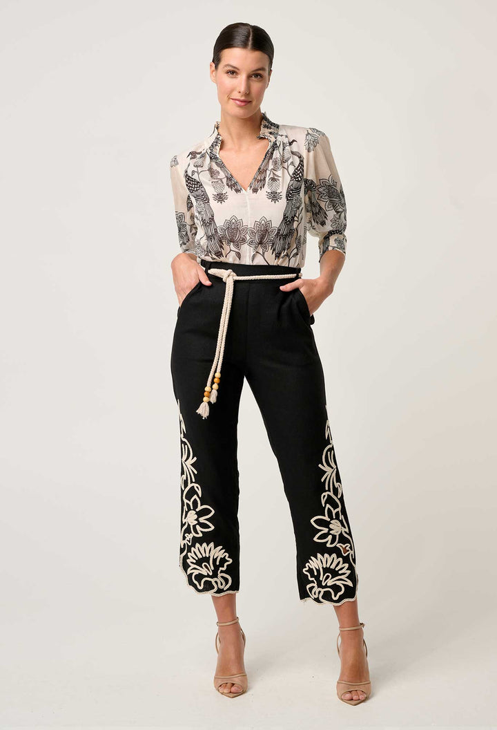 Helm Embroidered Linen Viscose Pant in Black pant Once Was
