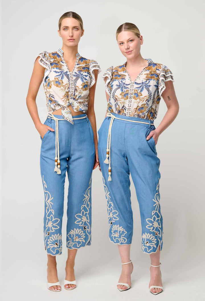 Helm Tencel Embroidered Straight Leg Pant in Sky - Stanleyandstone