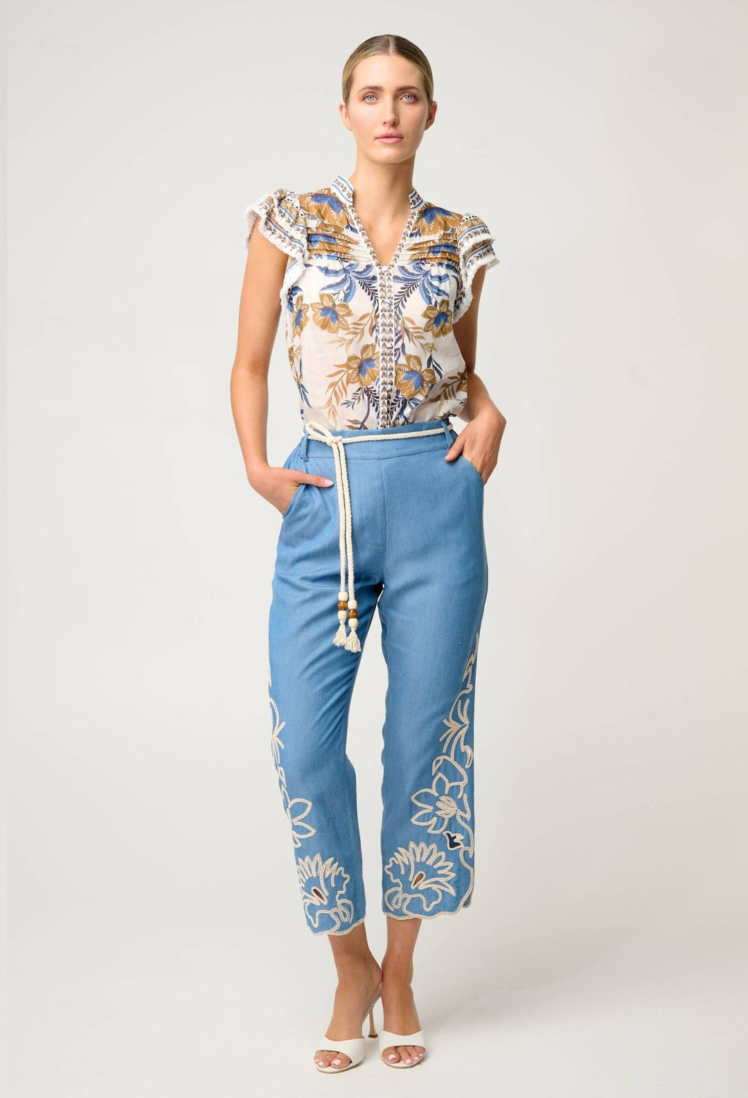 Helm Tencel Embroidered Straight Leg Pant in Sky - Stanleyandstone