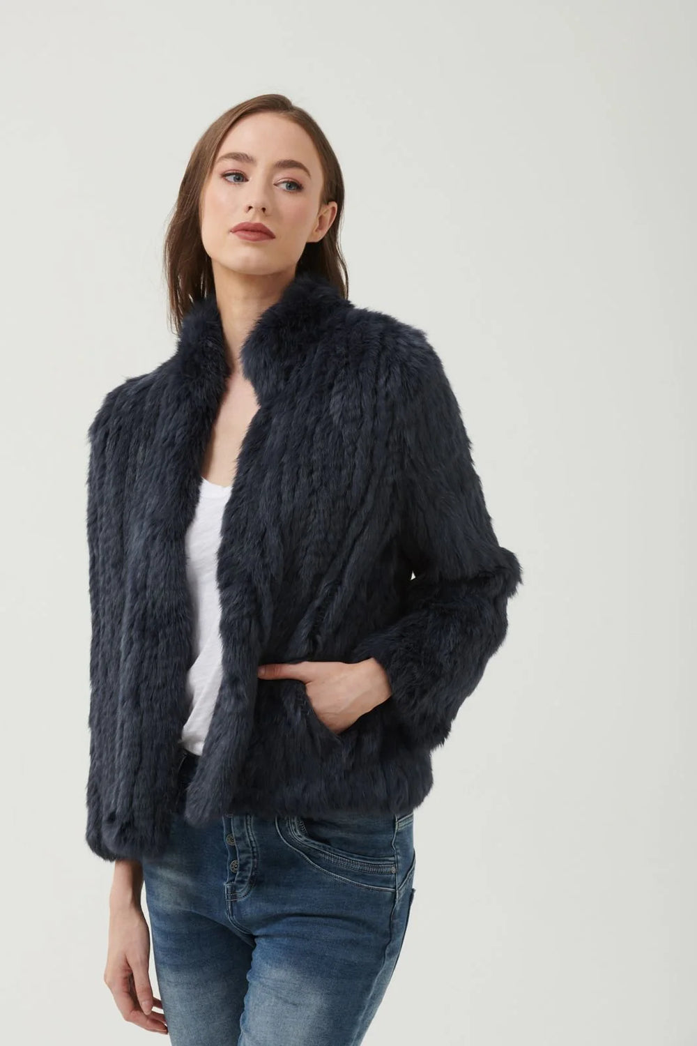 High Neck Fur Jacket - black Fur Coat 365 days   