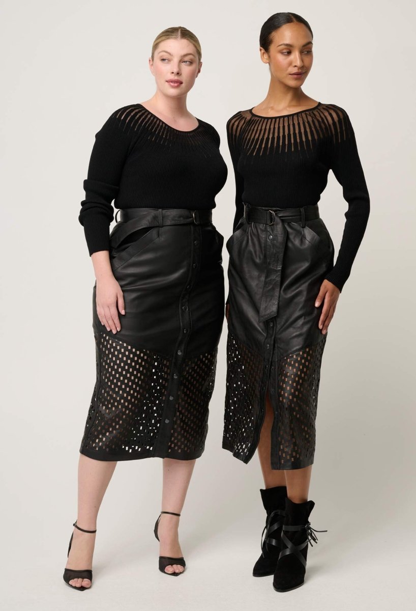 Hypnotic Leather Custom Laser Midi Skirt in Black Lattice Once Was