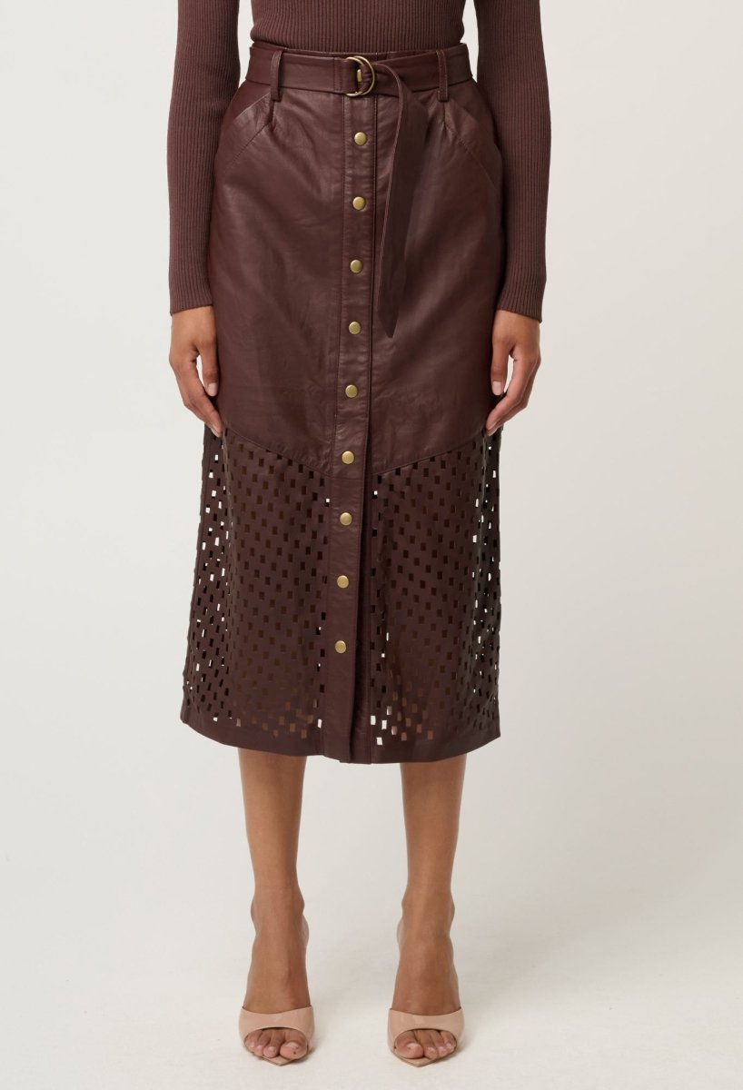 Hypnotic Leather Custom Laser Midi Skirt in Oxblood skirt Once Was