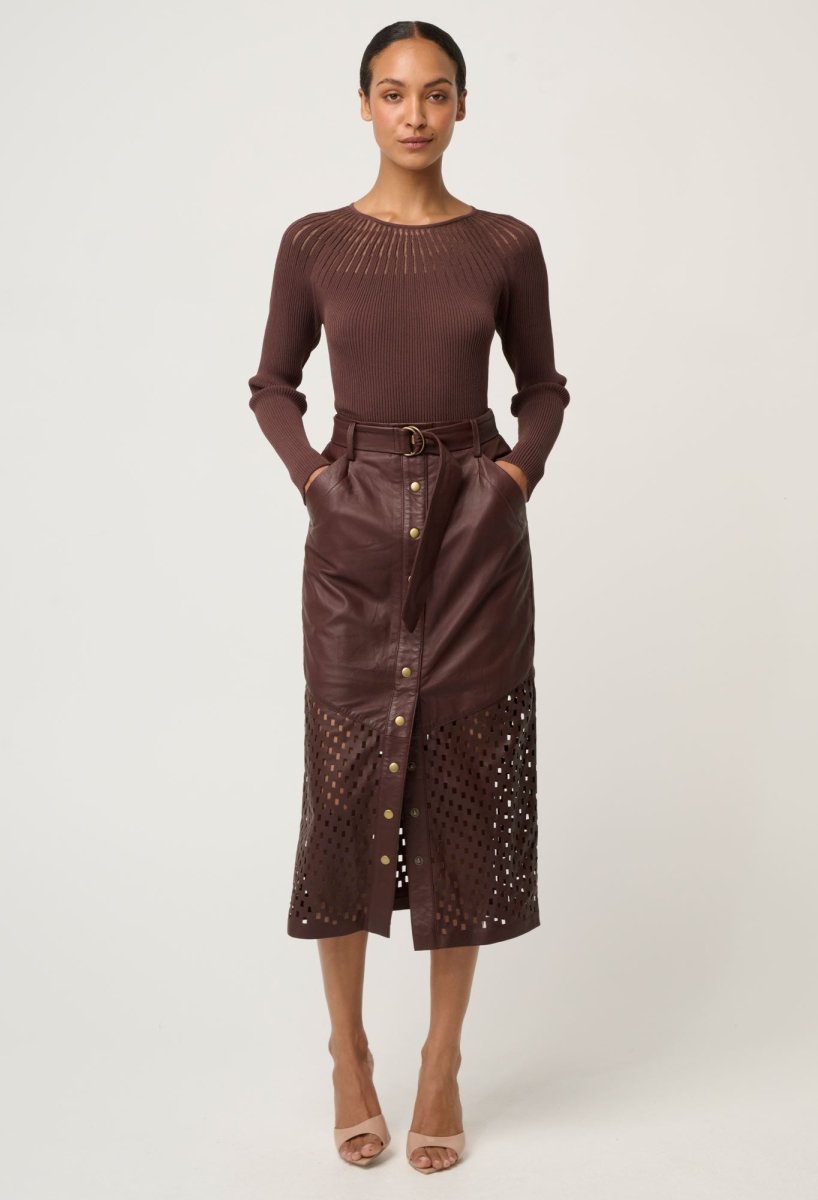 Hypnotic Leather Custom Laser Midi Skirt in Oxblood skirt Once Was