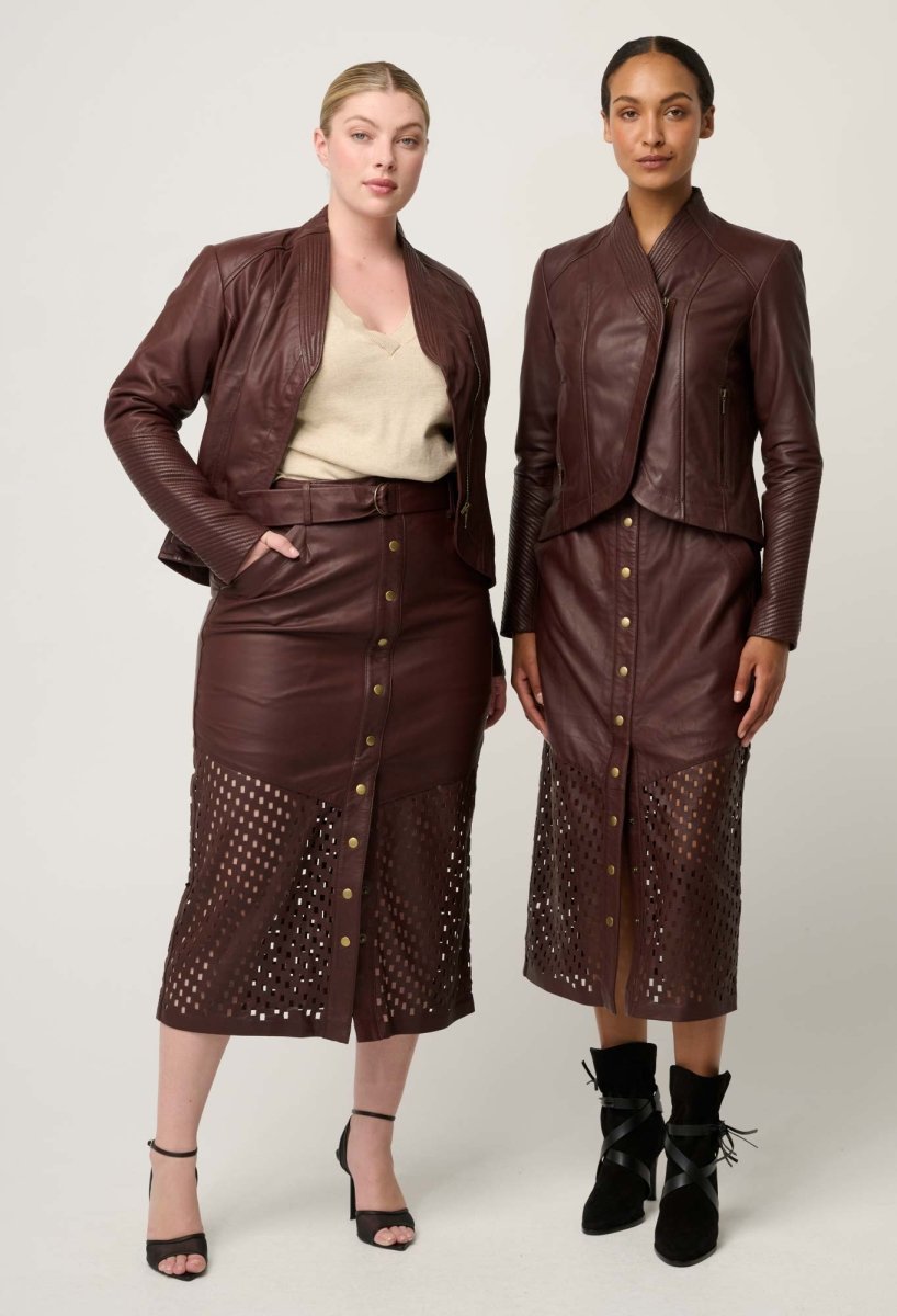 Hypnotic Leather Custom Laser Midi Skirt in Oxblood skirt Once Was