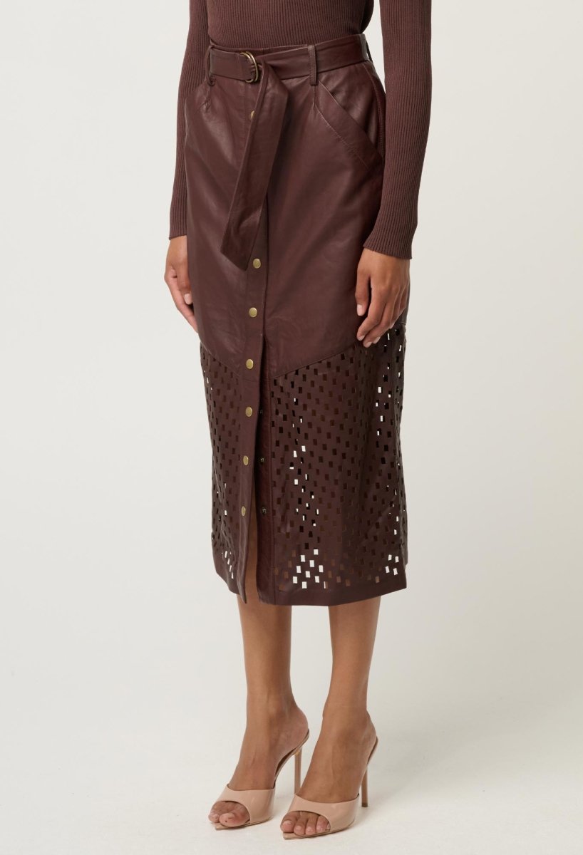 Hypnotic Leather Custom Laser Midi Skirt in Oxblood skirt Once Was