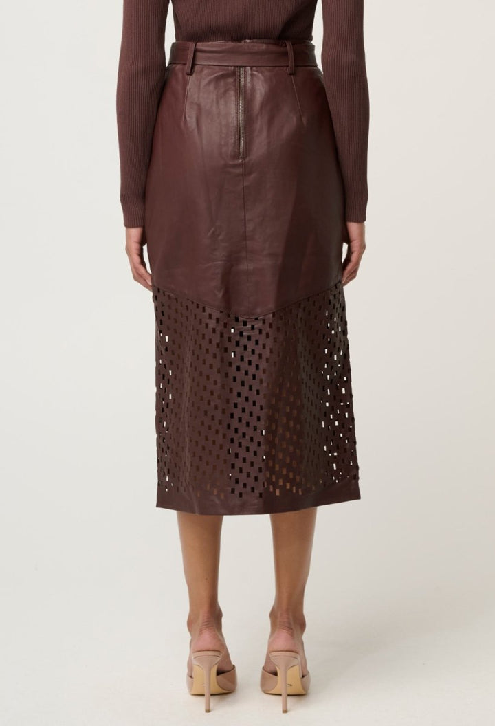 Hypnotic Leather Custom Laser Midi Skirt in Oxblood skirt Once Was