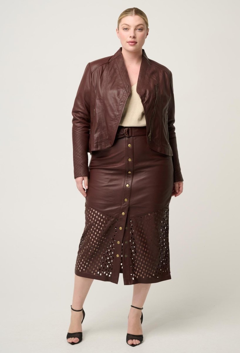 Hypnotic Leather Custom Laser Midi Skirt in Oxblood skirt Once Was