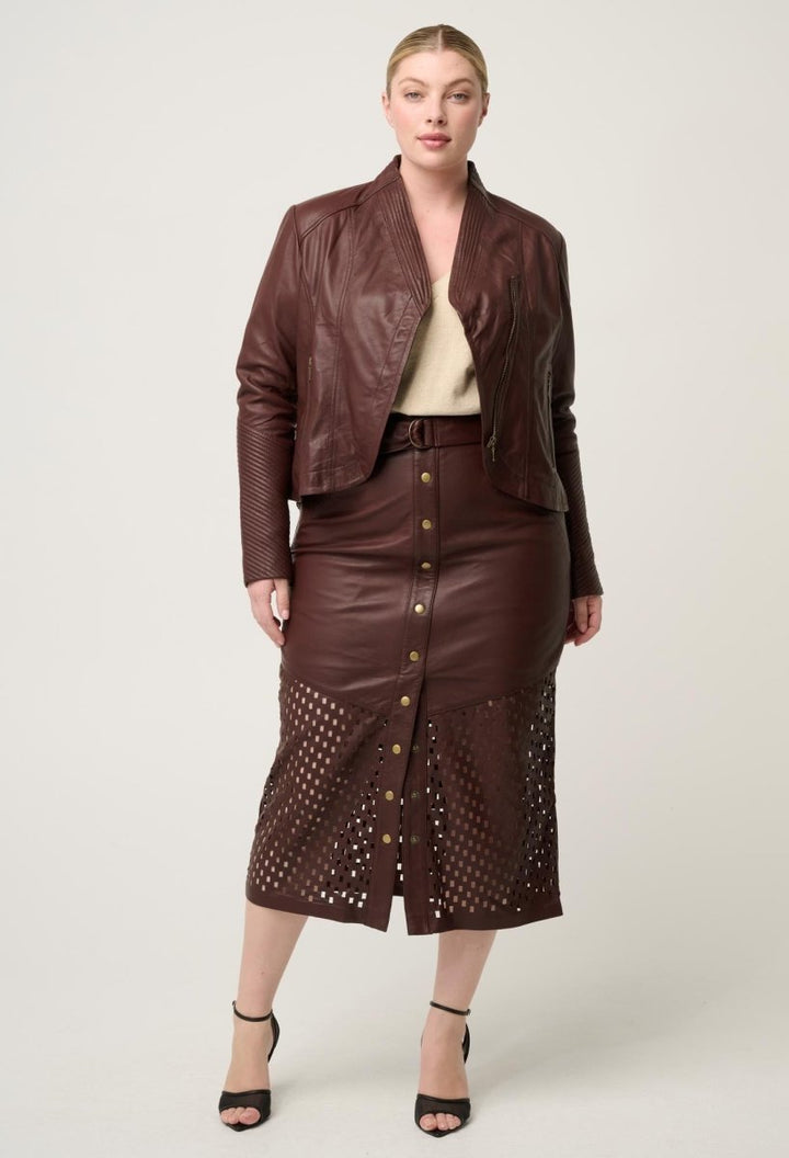 Hypnotic Leather Custom Laser Midi Skirt in Oxblood skirt Once Was