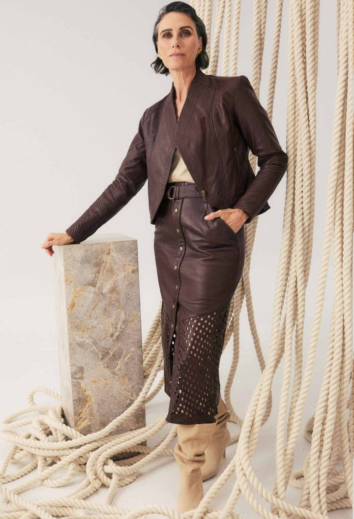 Hypnotic Leather Custom Laser Midi Skirt in Oxblood skirt Once Was