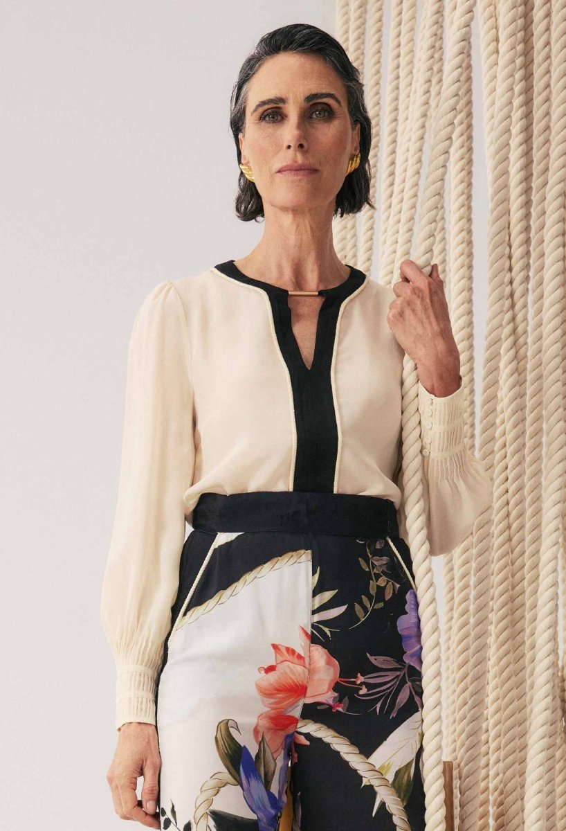 Iris Pleated Cuff Silk Blouse in Cloud Blouse OnceWas