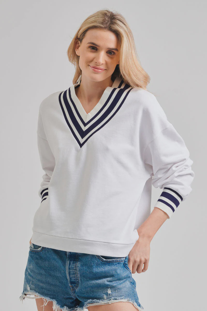 Est 1971 - Ivy League V Sweatshirt - White & Navy Size Long Sleeve Tee Est 1971   