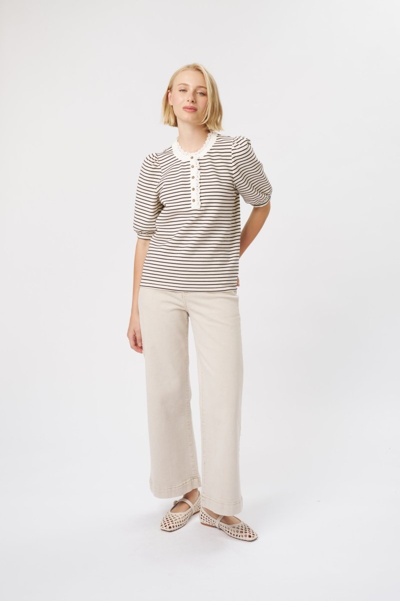 Jacqueline Top - White w/Brown Stripe Blouse Kireina