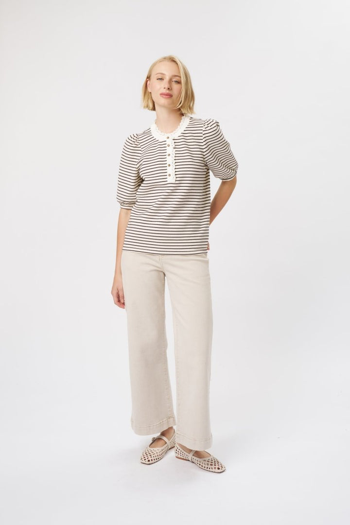 Jacqueline Top - White w/Brown Stripe Blouse Kireina