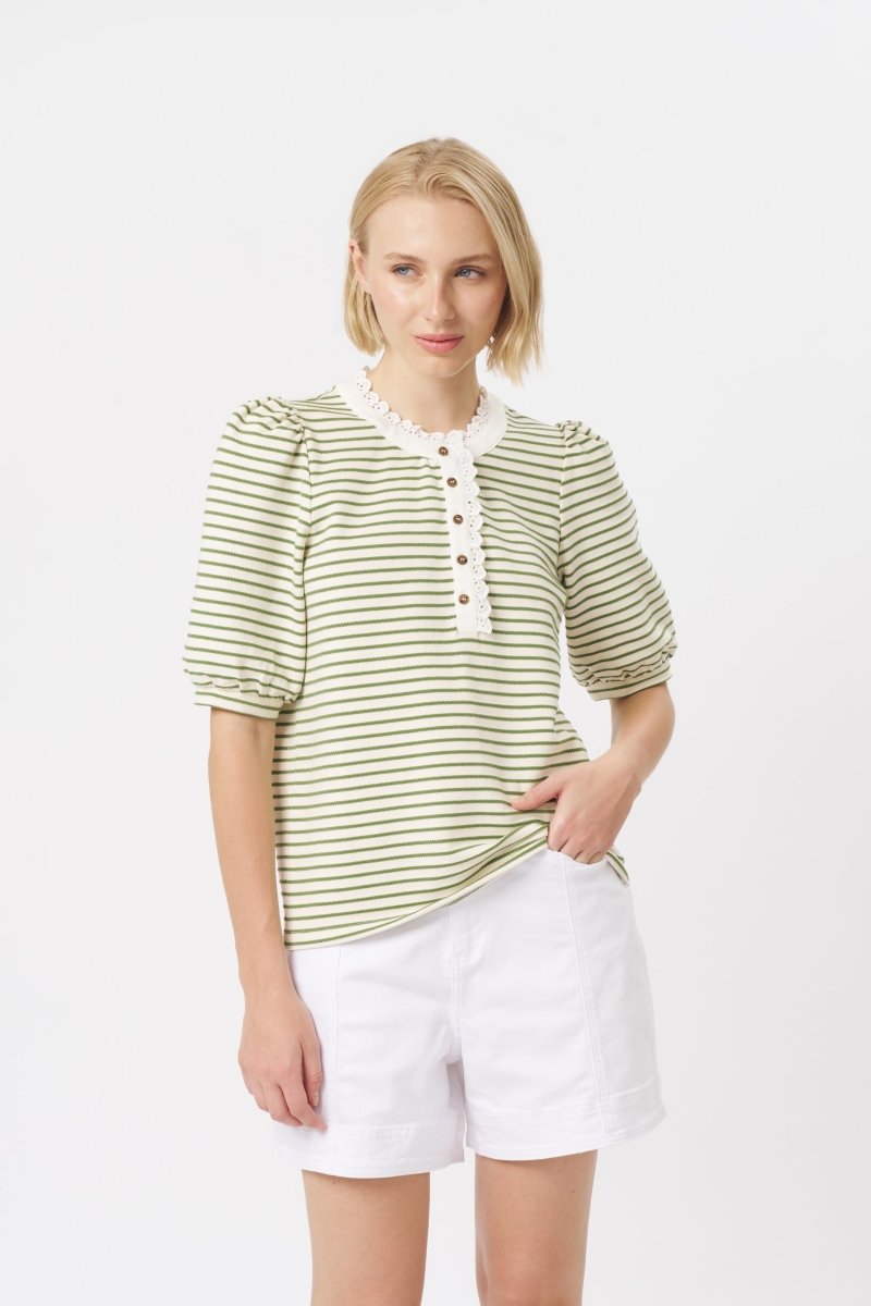 Jacqueline Top - White w/Green Stripe Blouse Kireina Australia