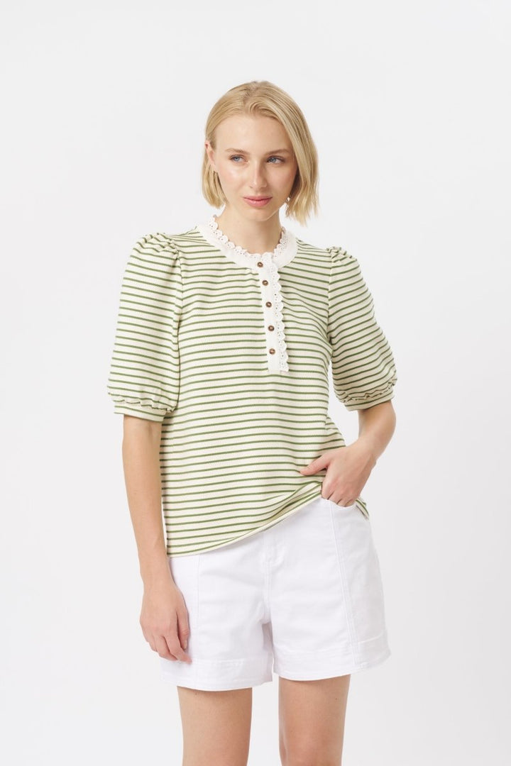 Jacqueline Top - White w/Green Stripe Blouse Kireina Australia