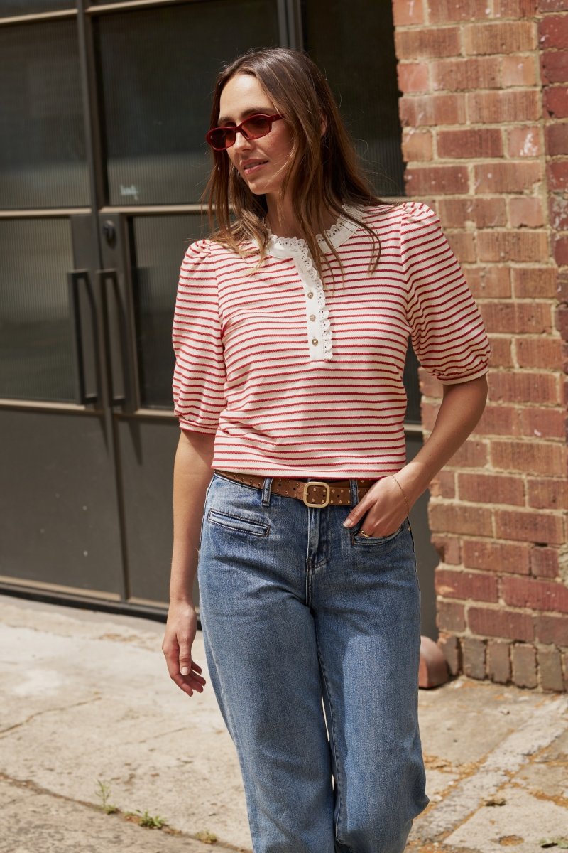 Jacqueline Top - White w/Red Stripe Blouse Kireina