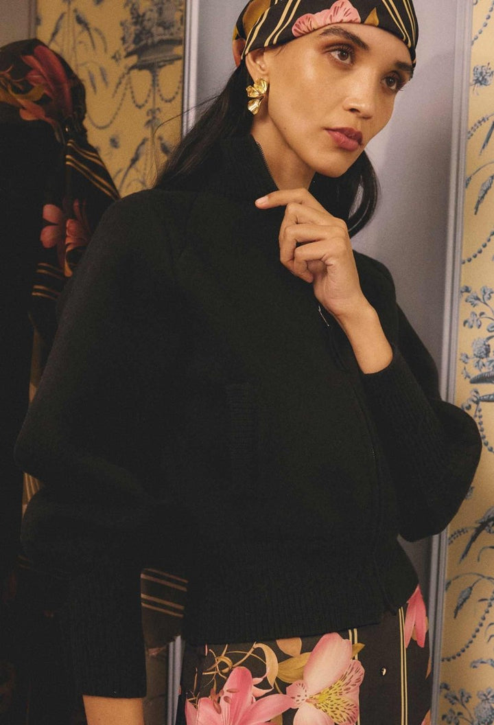 Jeanne Wool Blend Textured Knit Bomber Jacket in Black Once Was