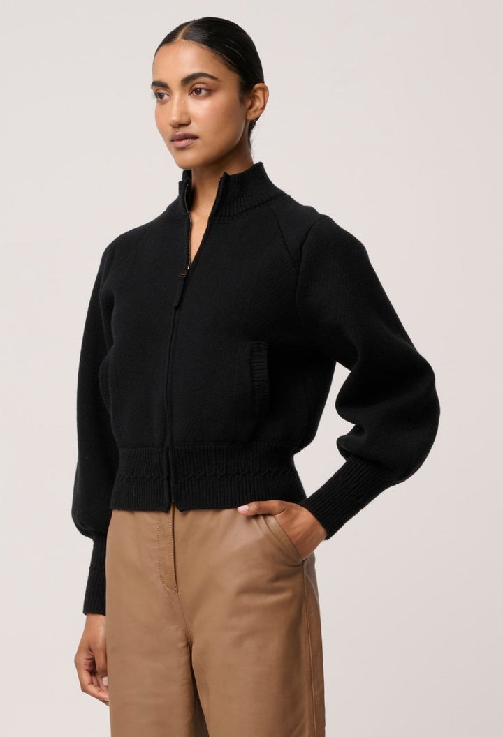 Jeanne Wool Blend Textured Knit Bomber Jacket in Black Once Was