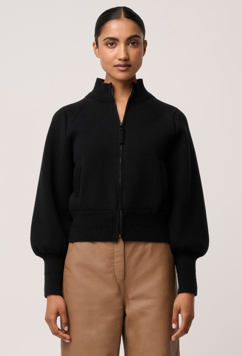 Jeanne Wool Blend Textured Knit Bomber Jacket in Black Once Was