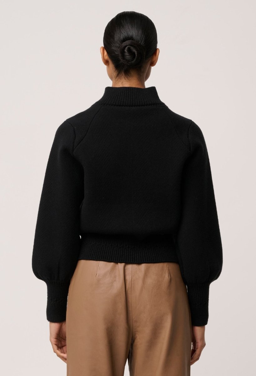 Jeanne Wool Blend Textured Knit Bomber Jacket in Black Once Was