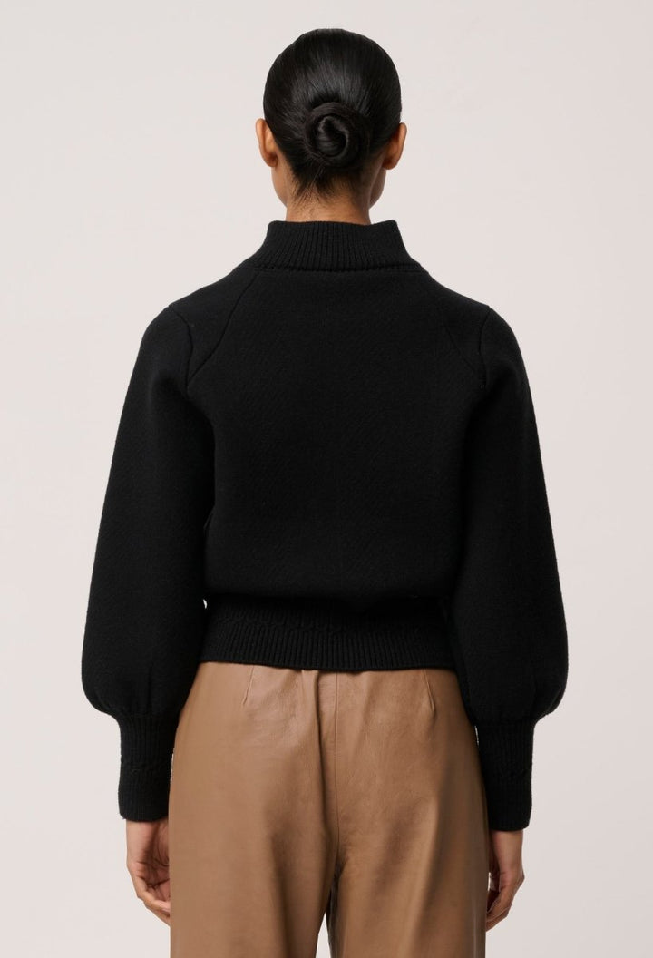 Jeanne Wool Blend Textured Knit Bomber Jacket in Black Once Was