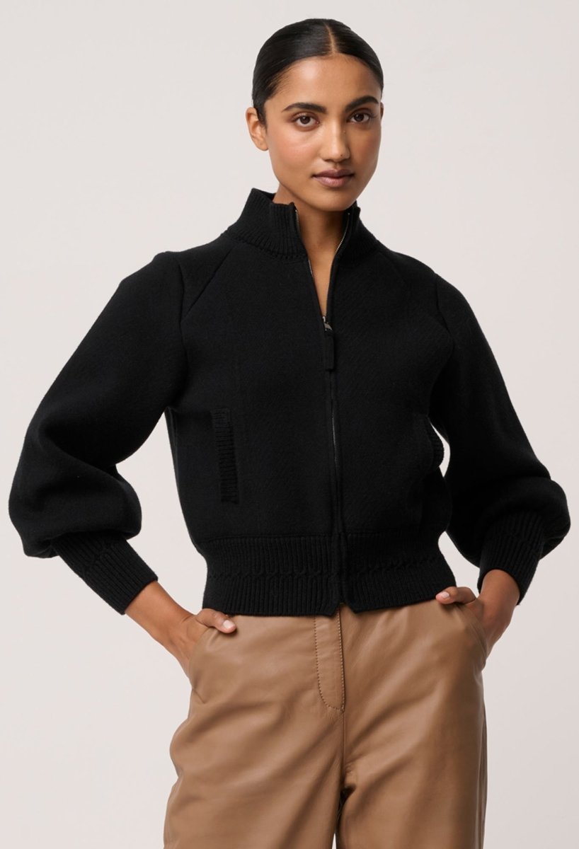 Jeanne Wool Blend Textured Knit Bomber Jacket in Black Once Was