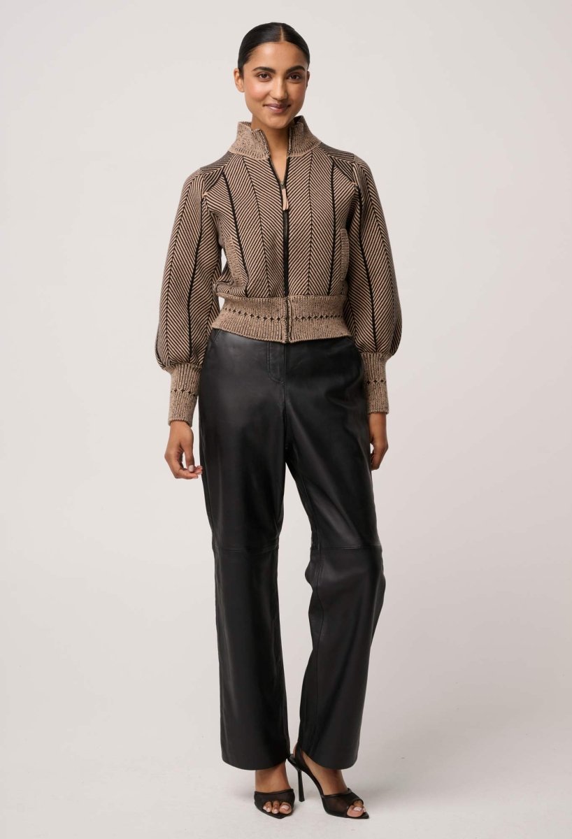 Jeanne Wool Blend Textured Knit Bomber Jacket in Tan Chevron Coats &amp; Jackets Once Was