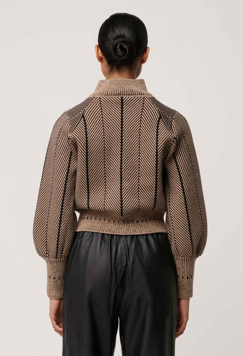 Jeanne Wool Blend Textured Knit Bomber Jacket in Tan Chevron Coats &amp; Jackets Once Was